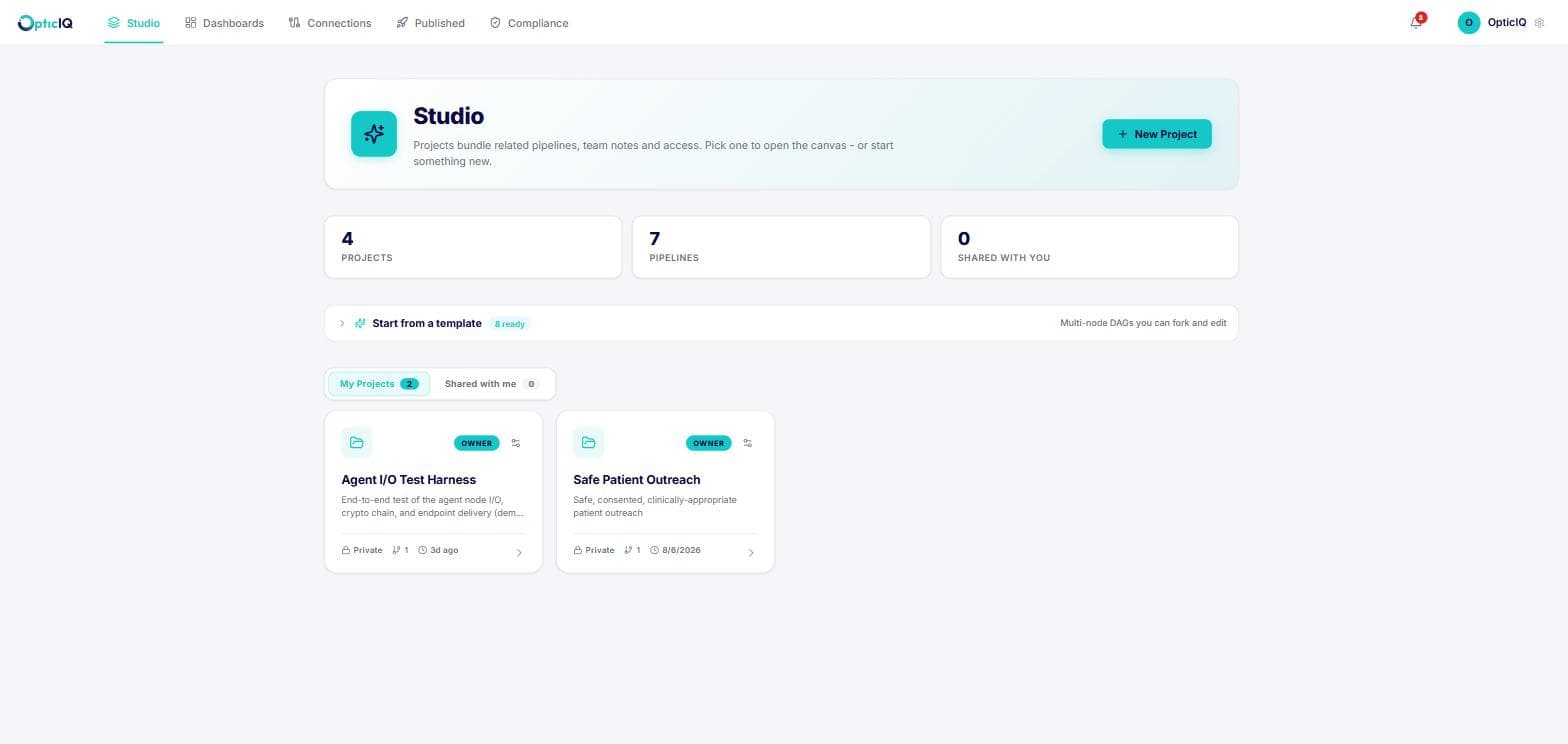 OpticIQ Studio home, showing projects, pipeline counts, and a template library